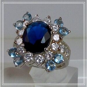 Sterling Silver Cocktail Ring Simulated Diamond Sapphire Topaz CZ Vintage Size 6